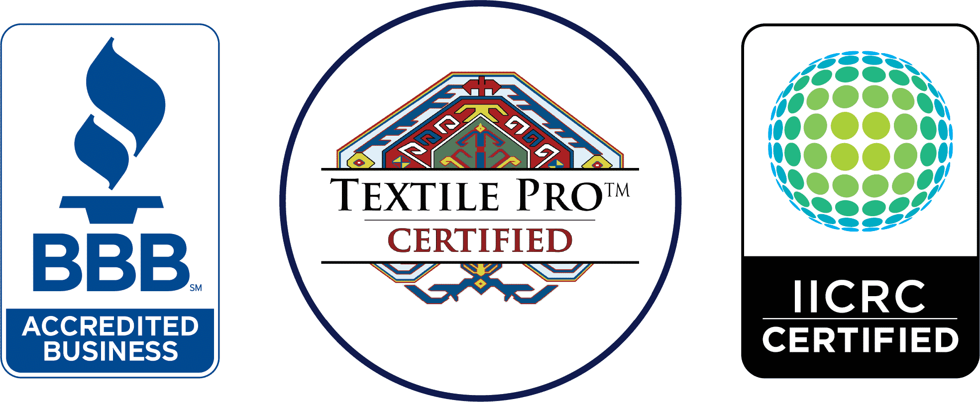 bbb-accredited-textile-certified-pro-iicrc-certified Better Business Bureau Accredited Business; Certified Textile Pro; IICRC Certified