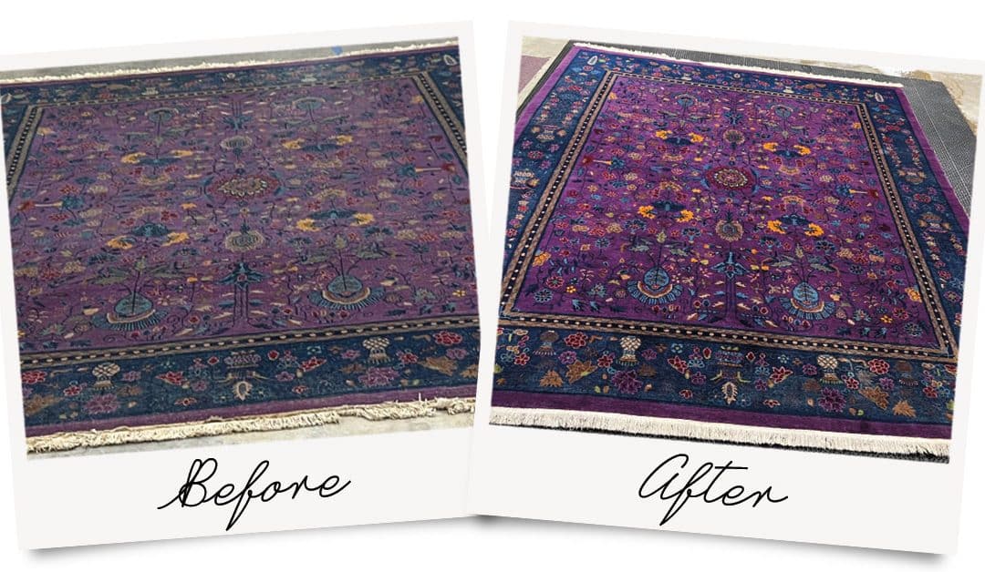 A before and after photo of a rare purple Syno-Persian area rug.