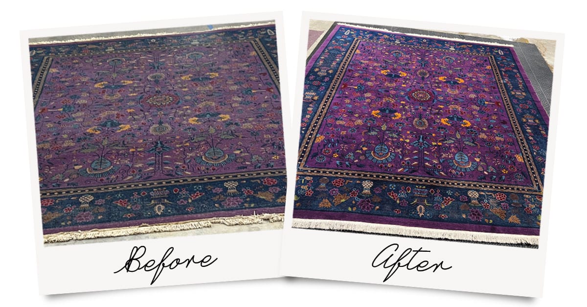 A before and after photo of a rare purple Syno-Persian area rug.