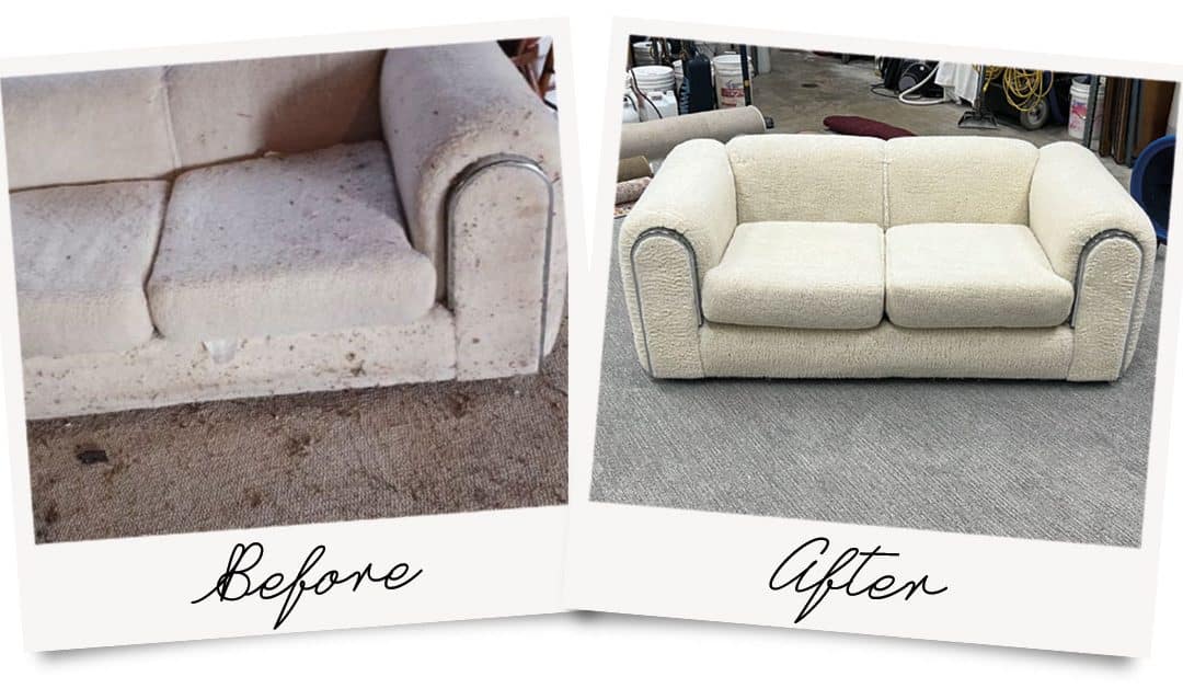 A before and after photo of a semi-antique mohair loveseat we cleaned and moth protected — believed to be from the 1960s-1970s.