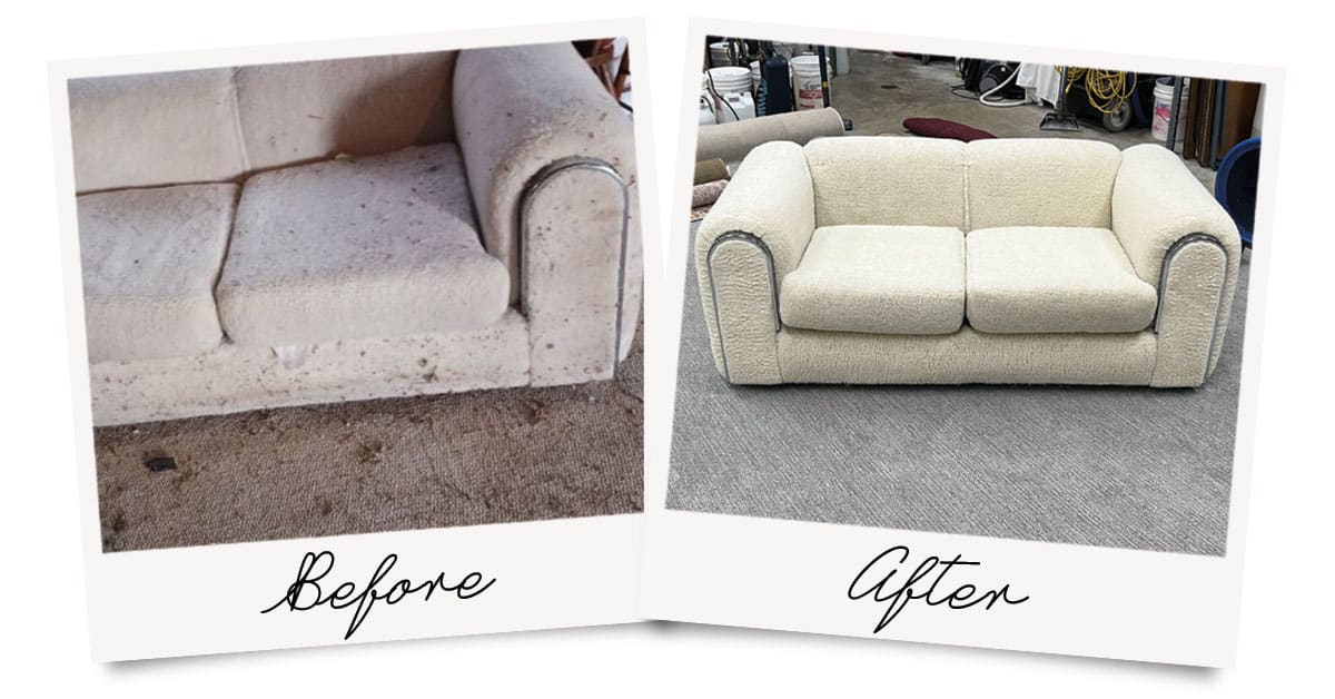 A before and after photo of a semi-antique mohair loveseat we cleaned and moth protected — believed to be from the 1960s-1970s.
