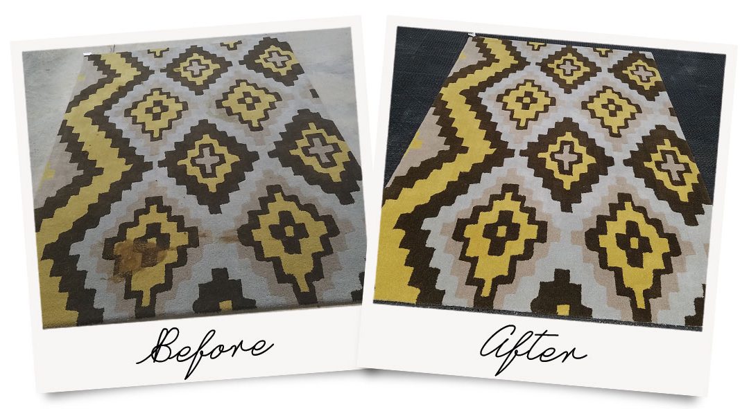 Before and after picture of a tufted area rug